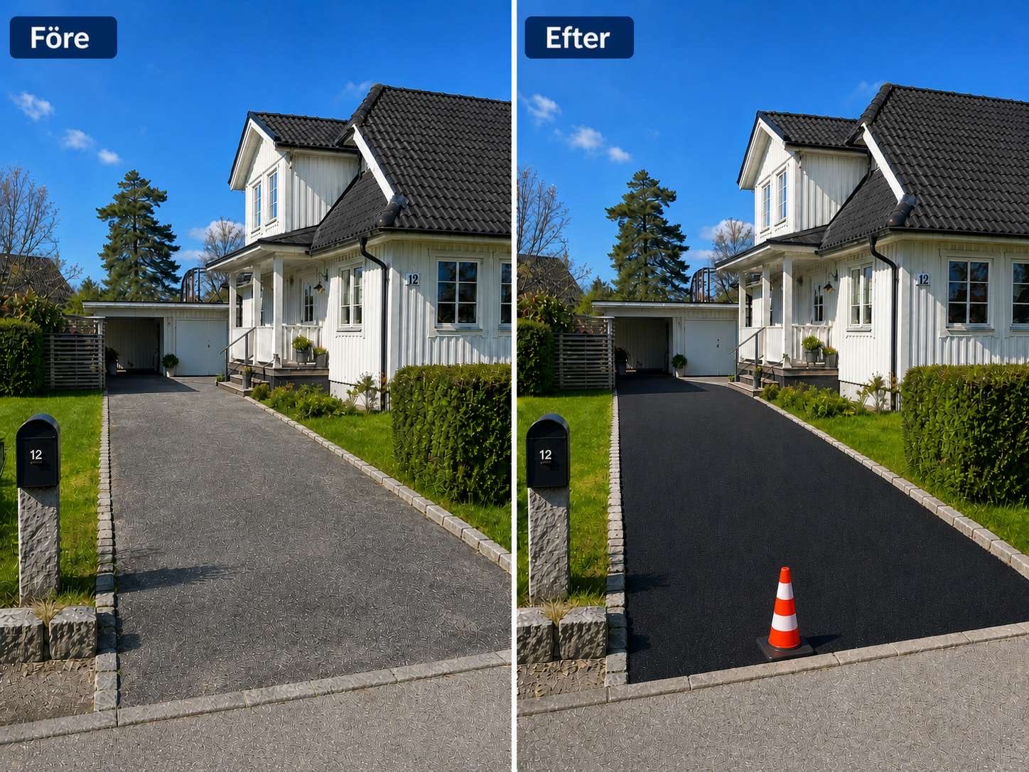 Före och efter seal coating — vit villa med mörkt tak