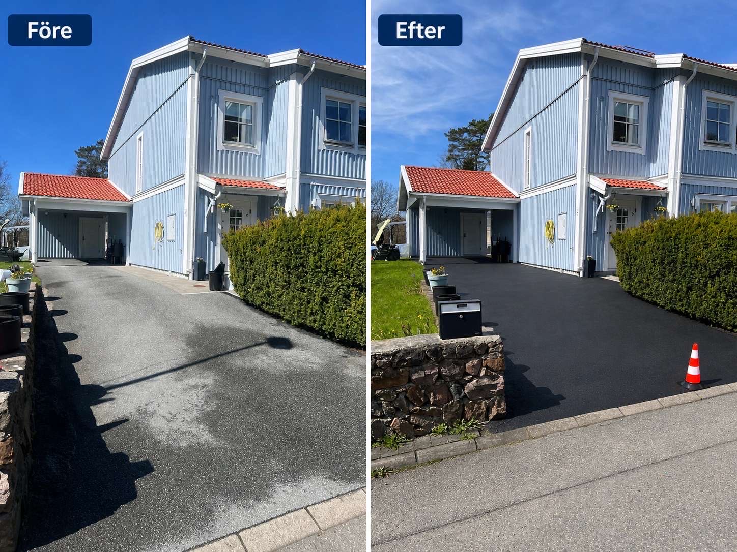 Före och efter seal coating — ljusblå villa med carport